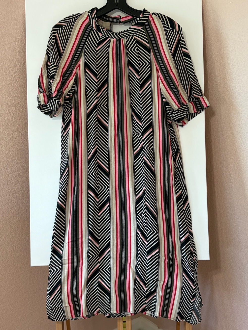 Anthropologie McKenzie Mock Neck Stripe Chevron Geometric Shift Dress Medium M